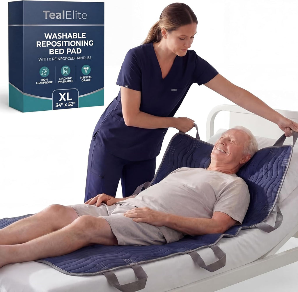 Teal Elite Washable Positioning Bed Pad with 8 Reinforced Handles – 34"x52" Waterproof, Quick-Dry, Absorbent Underpad for Elderly Care, Turning, Lifting & Incontinence Protection (Navy)
