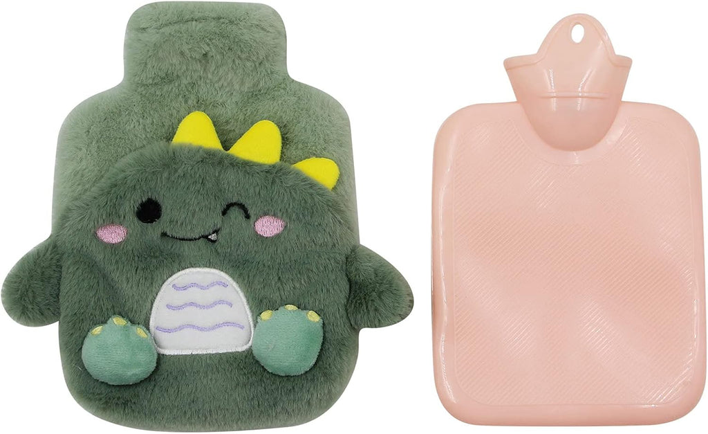 MOSSTYYUS Hot Water Bottle Rubber Hand Warmer Bed Bottle with Plush Cover Leakproof PVC Hot Water Bag, Dinosaur, 400 ML