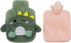 MOSSTYYUS Hot Water Bottle Rubber Hand Warmer Bed Bottle with Plush Cover Leakproof PVC Hot Water Bag, Dinosaur, 400 ML