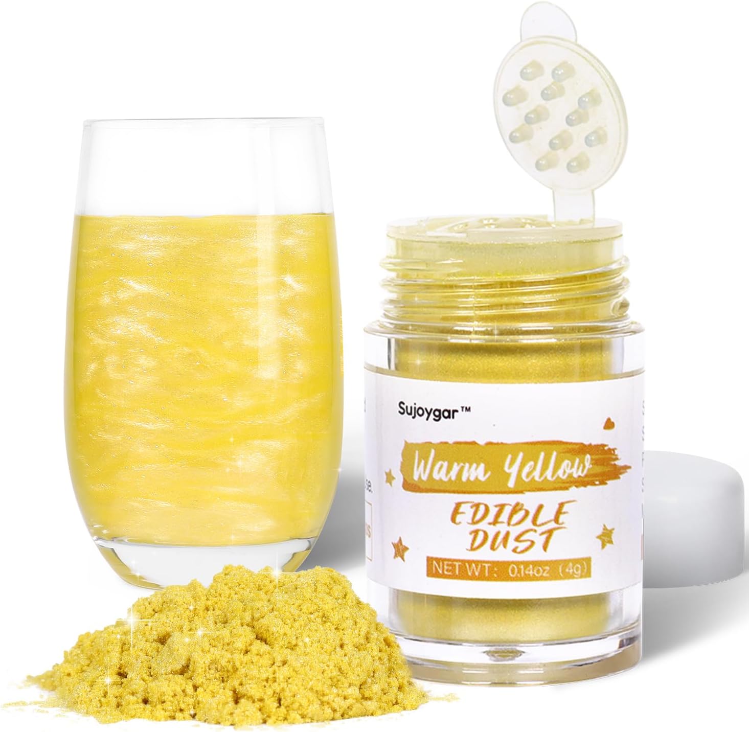 Yellow Edible Glitter for Cocktails, Sujoygar 4g Luster Dust Edible Drink Glitter Shimmer Powder for Cake Decorating Baking Fondant Chocolate Strawberrie Food Garde