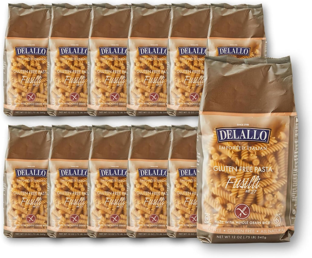 DeLallo Gluten Free Fusilli Pasta, Non-GMO, Made with Brown Rice Flour, Whole Grain, All Natural, Kosher, Made in Italy, 12 oz Bag, (12 Pack)