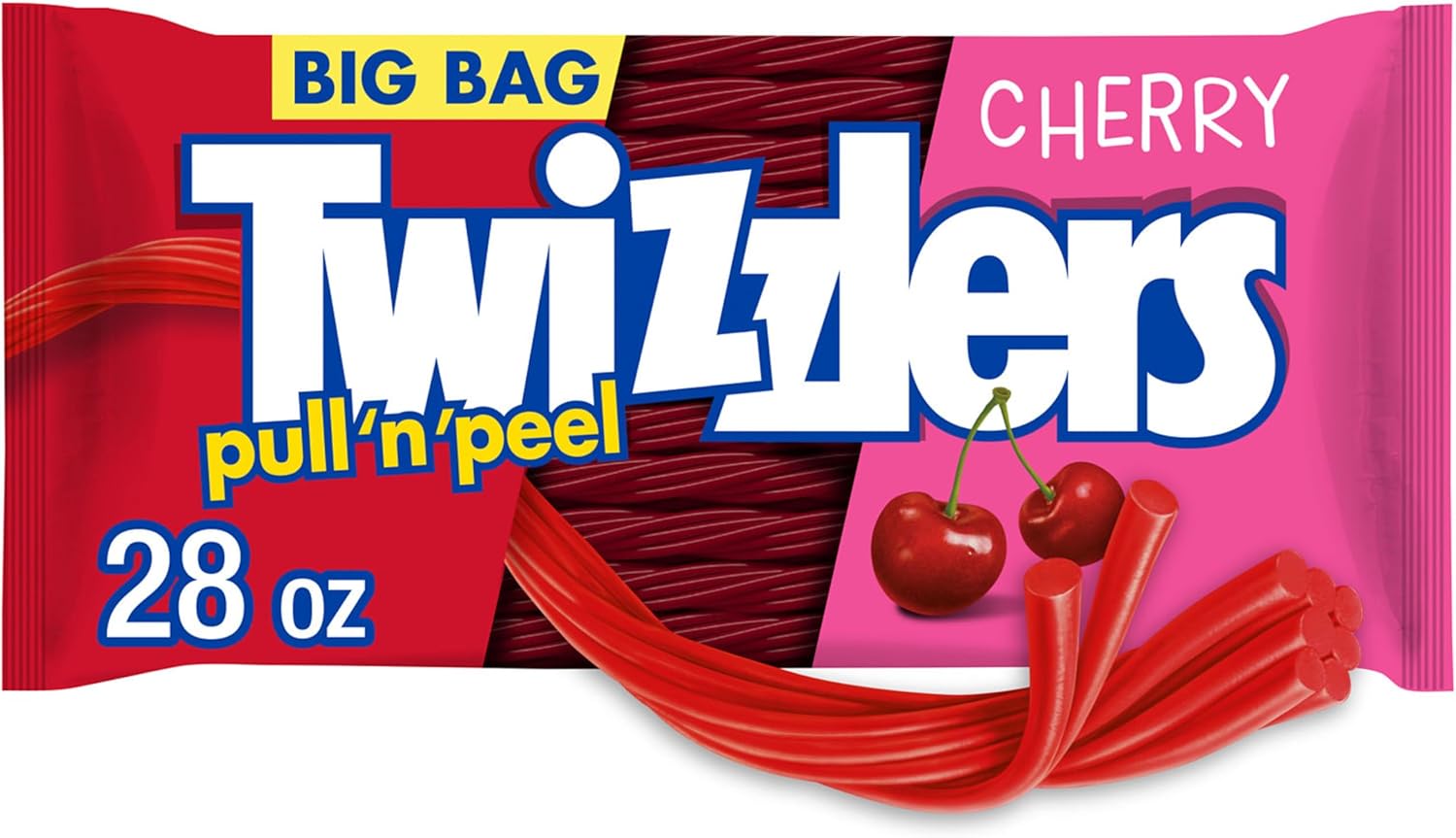 TWIZZLERS PULL 'N' PEEL Cherry Flavored Licorice Style, Chewy Candy Big Bag, 28 oz