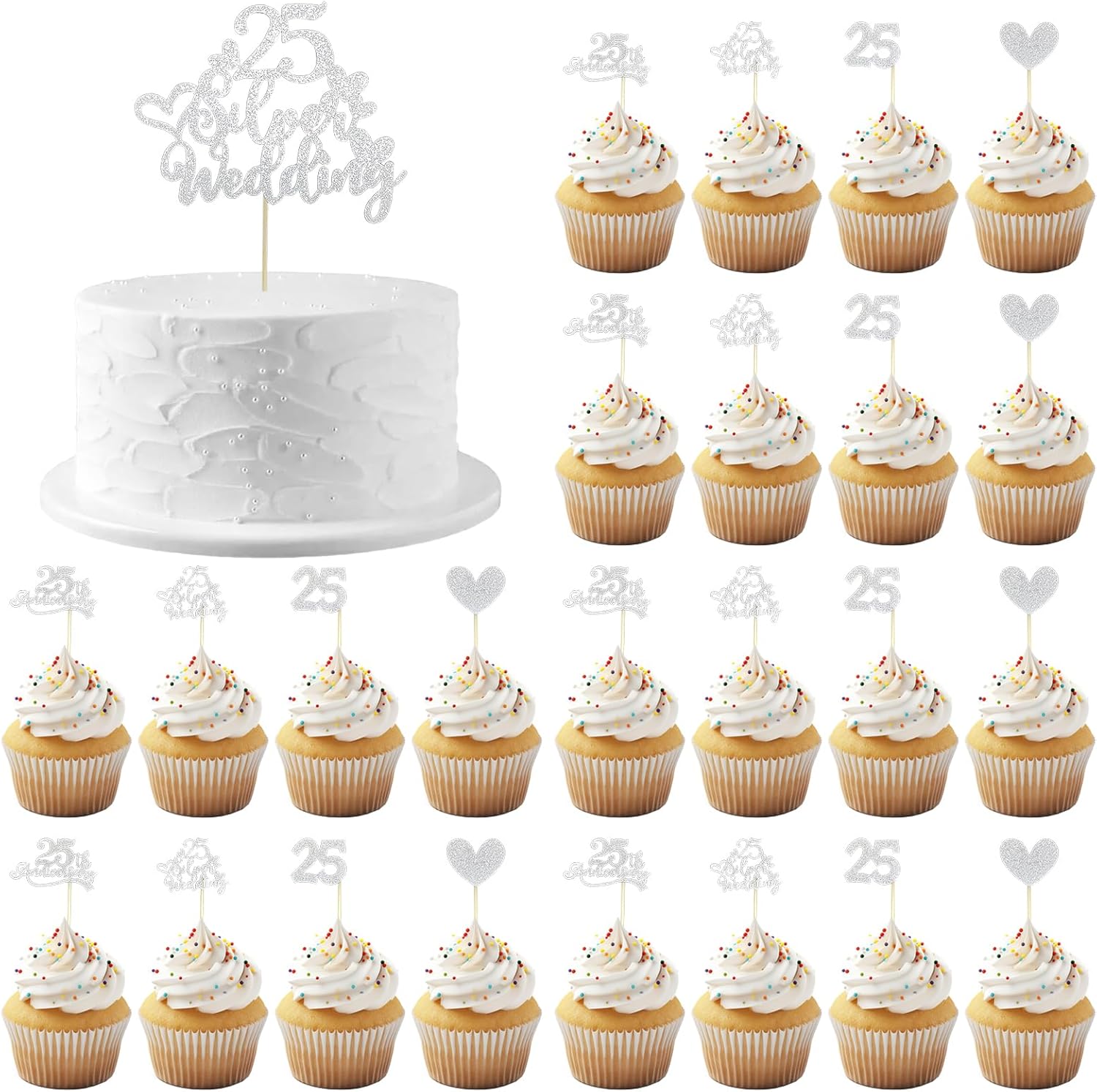 Happy 25th Anniversary Cake Topper and 24pcs Anniversary Cupcake Toppers Set, Silver Glitter Happy 25th Wedding Anniversary Decorations Party Supplies