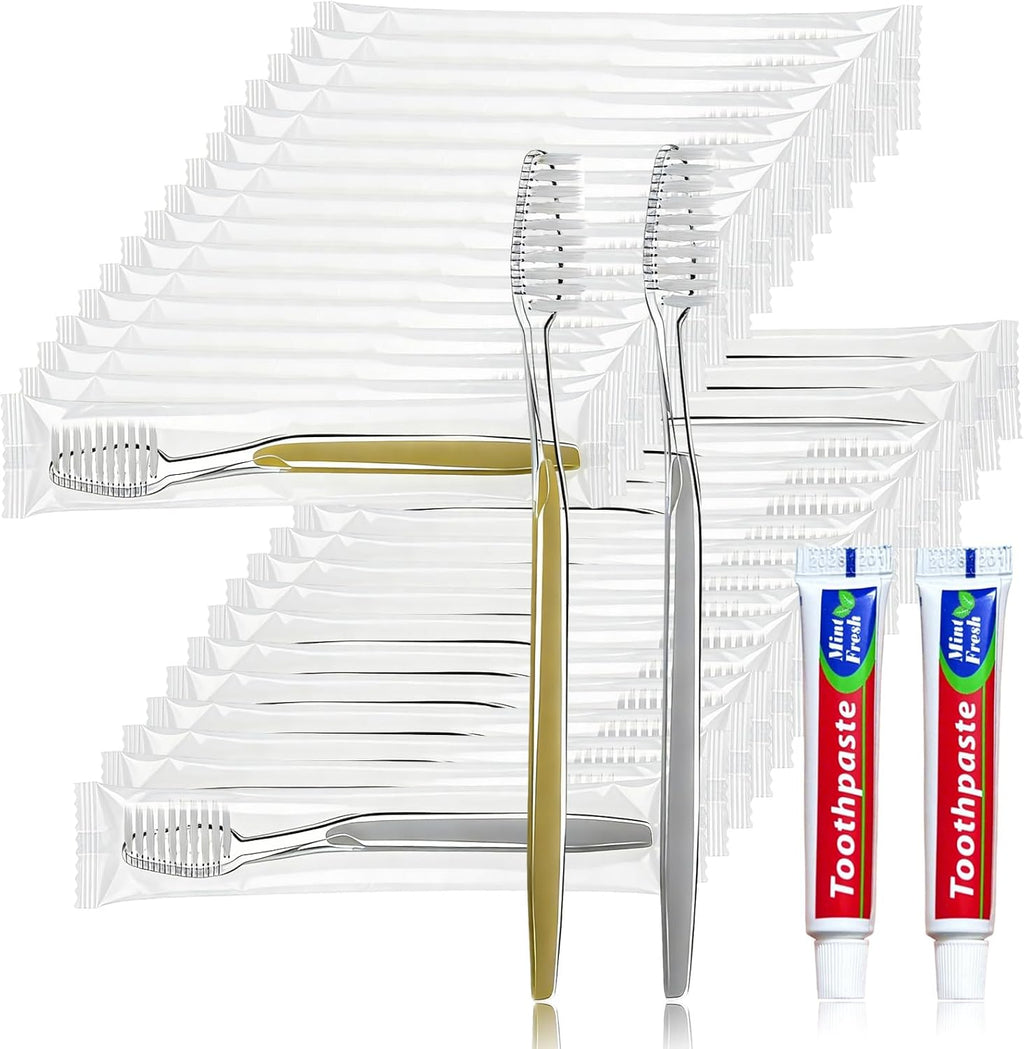 50 pcs Disposable Toothbrushes with Toothpaste, 2 Color Toothbrushes and Toothpaste 10g, Bulk for Homeless, Airbnb, Hotel,Charity