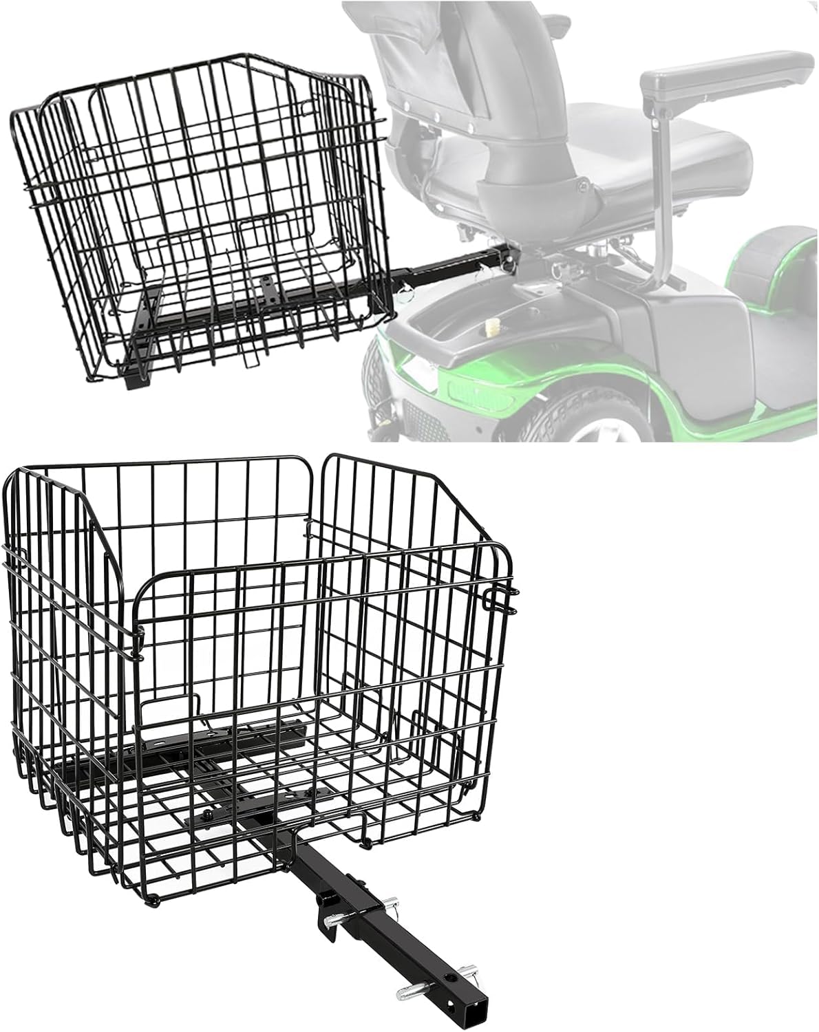 KUAFU Folding Rear Basket Compatible with Most Pride Mobility Scooters Waterproof Made of Steel and Works with 1" Receiver Storage Cargo Basket