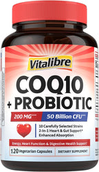 Vitalibre CoQ10 200 mg, with Probiotics for Women & Men, 50 Billion CFU, High Absorption Ubiquinone, Heart & Gut Energy Support, Powerful Antioxidant, Easy to Swallow, 120 Vegan Capsules