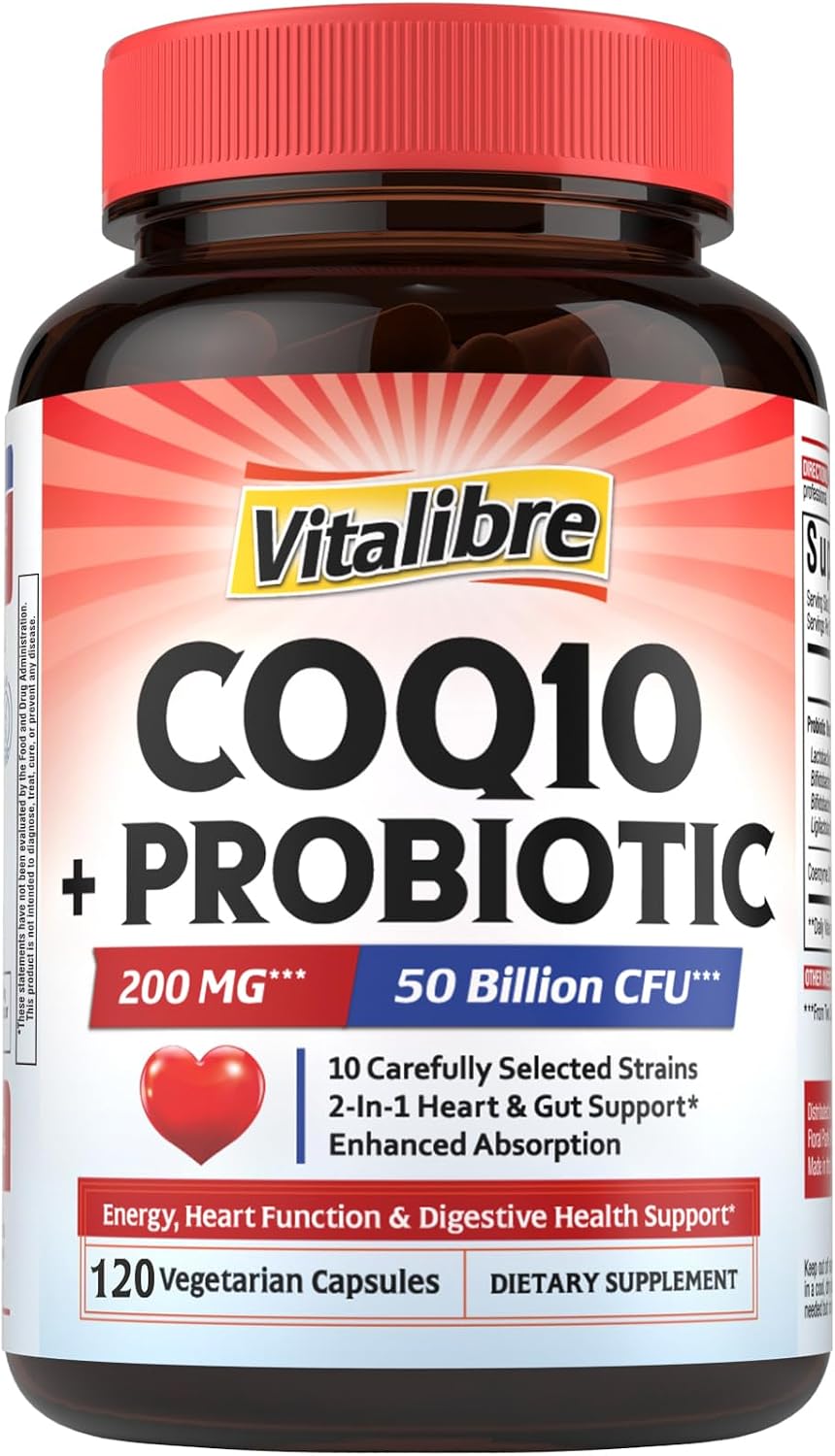 Vitalibre CoQ10 200 mg, with Probiotics for Women & Men, 50 Billion CFU, High Absorption Ubiquinone, Heart & Gut Energy Support, Powerful Antioxidant, Easy to Swallow, 120 Vegan Capsules