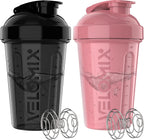 VELOMIX -2 Pack- 20 oz Protein Shaker Bottles for Protein Mixes - 2x Wire Whisk | Leak Proof Shaker Cups for Protein Shakes and Pre Workout | Protein Shaker Bottle Pack (A7) Pink/Black