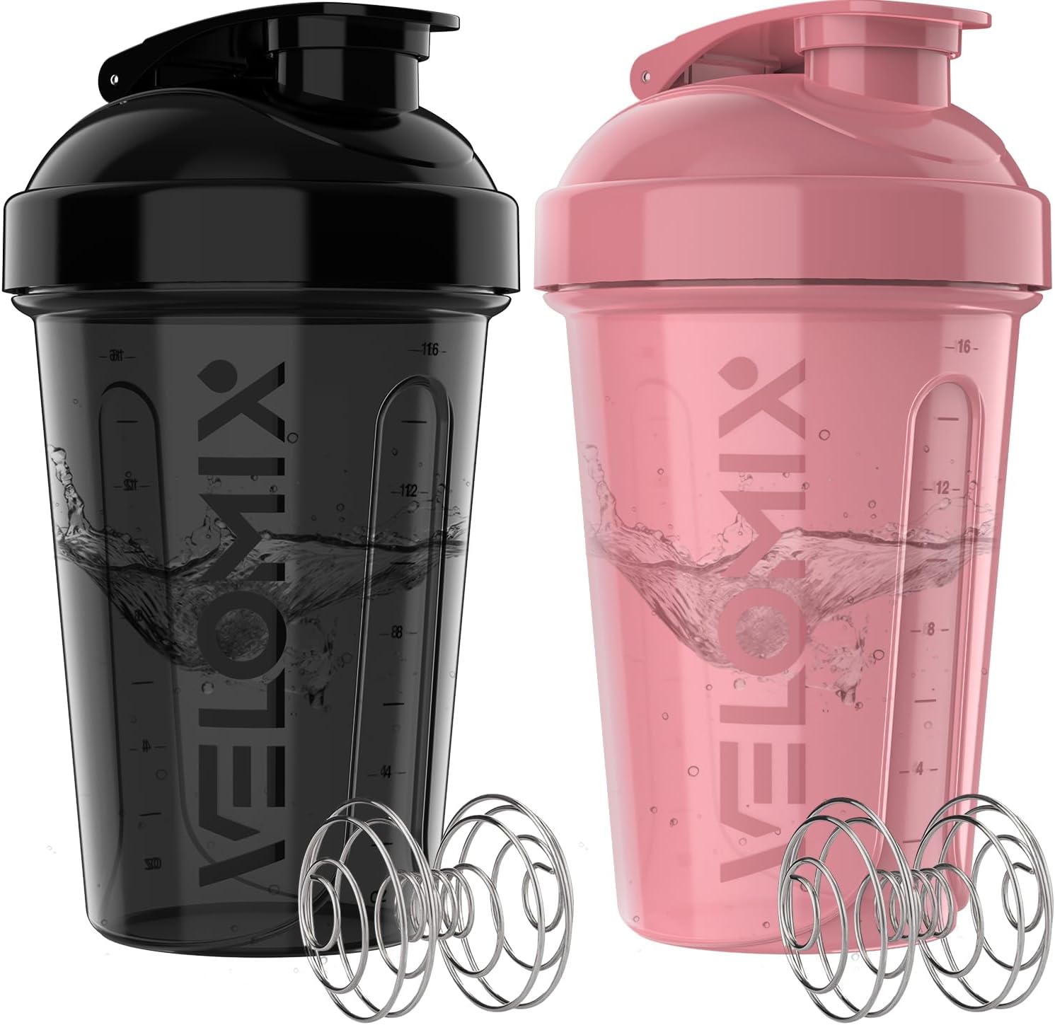 VELOMIX -2 Pack- 20 oz Protein Shaker Bottles for Protein Mixes - 2x Wire Whisk | Leak Proof Shaker Cups for Protein Shakes and Pre Workout | Protein Shaker Bottle Pack (A7) Pink/Black