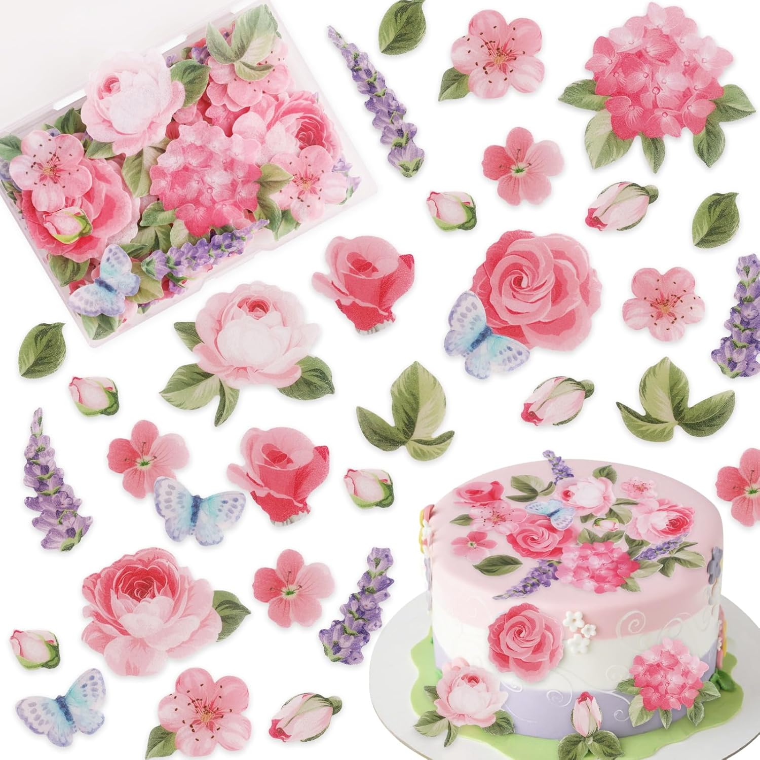Morofme 100pcs Edible Flower Cupcake Toppers Edible Pink Flowers Cake Topper Butterfly Cupcake Toppers Wafar Paper Leaves Purple Flower Cake Decorations for Wedding Baby Shower Birthday Party Supplies