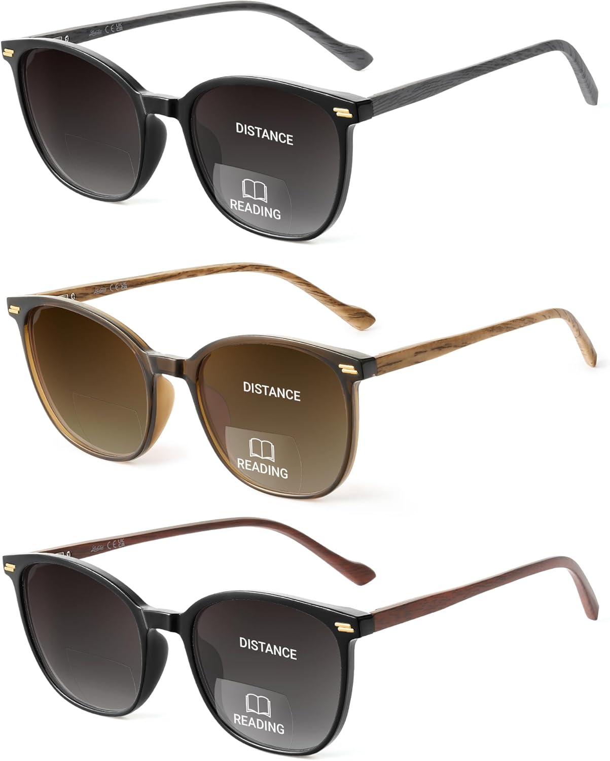 LADEESSE 3 Pack Bifocal Reading Sunglasses for Women & Men, UV400 Sun Readers Glasses Spring Hinge Outdoor Sunglasses +1.75