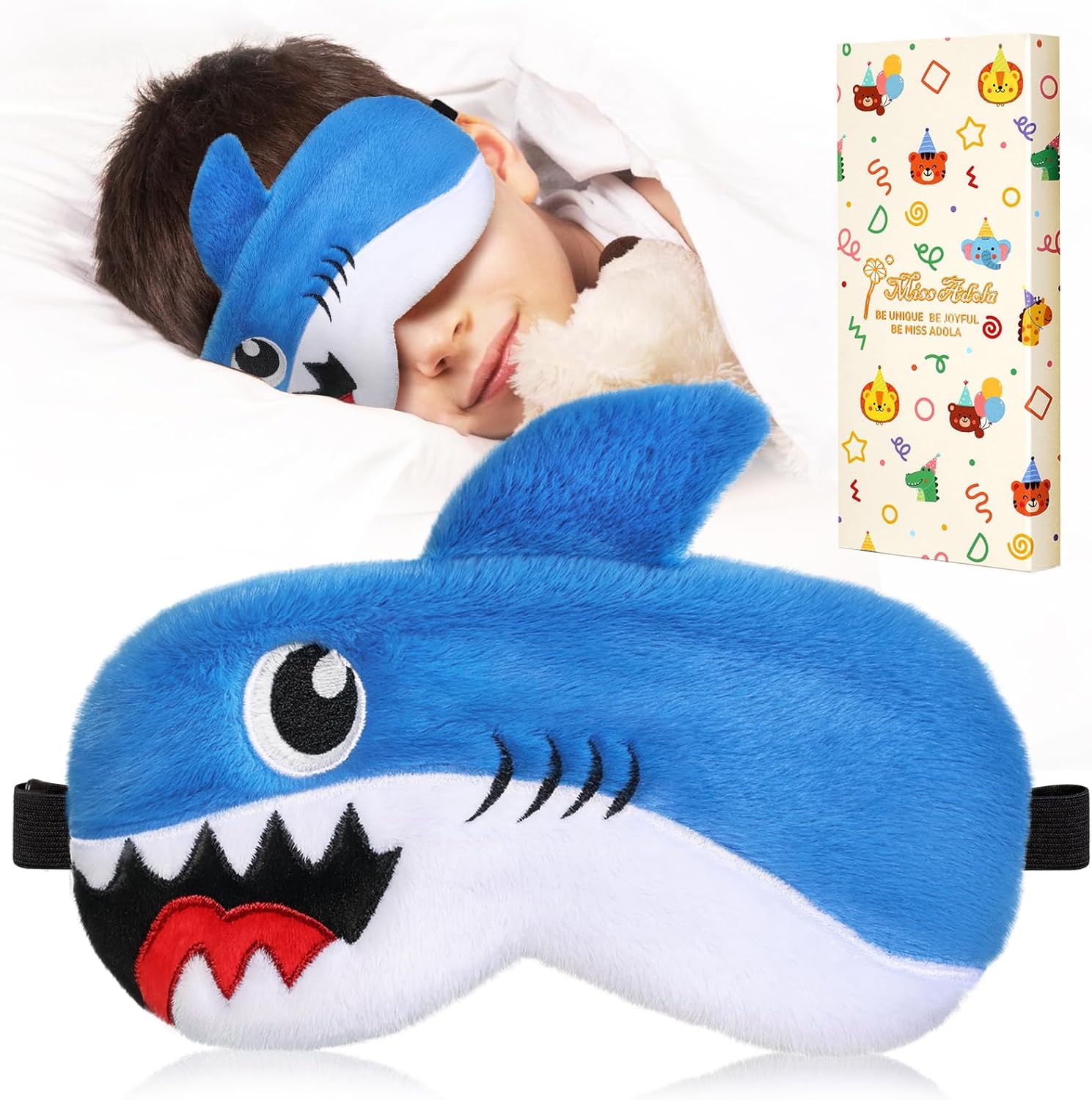 Miss Adola Sleep Mask for Kids - Valentines Gift for Kids Cute Plush Fuffy Sleeping Eye Cover Kawaii Soft Eyeshade Animal Eye Blindfold for Girls Boys Teens with Adjustable Strap, Shark