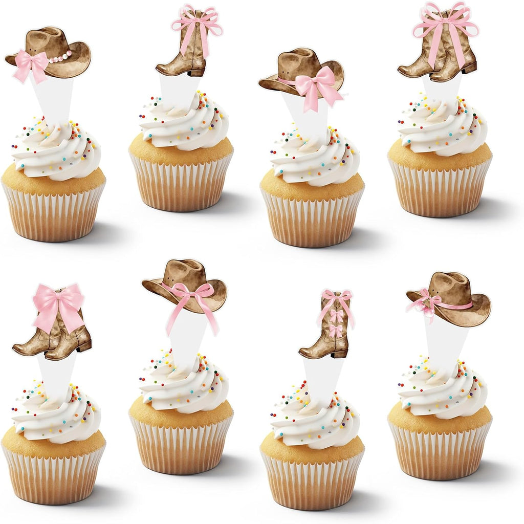 48Pcs Women's Cowboy Boots and Hats with Pink Bow Cupcake Decorations, Cowgirl Cupcake Toppers Decorations Supplies, Pink Western Toppers Decor Supplies