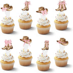 48Pcs Women's Cowboy Boots and Hats with Pink Bow Cupcake Decorations, Cowgirl Cupcake Toppers Decorations Supplies, Pink Western Toppers Decor Supplies
