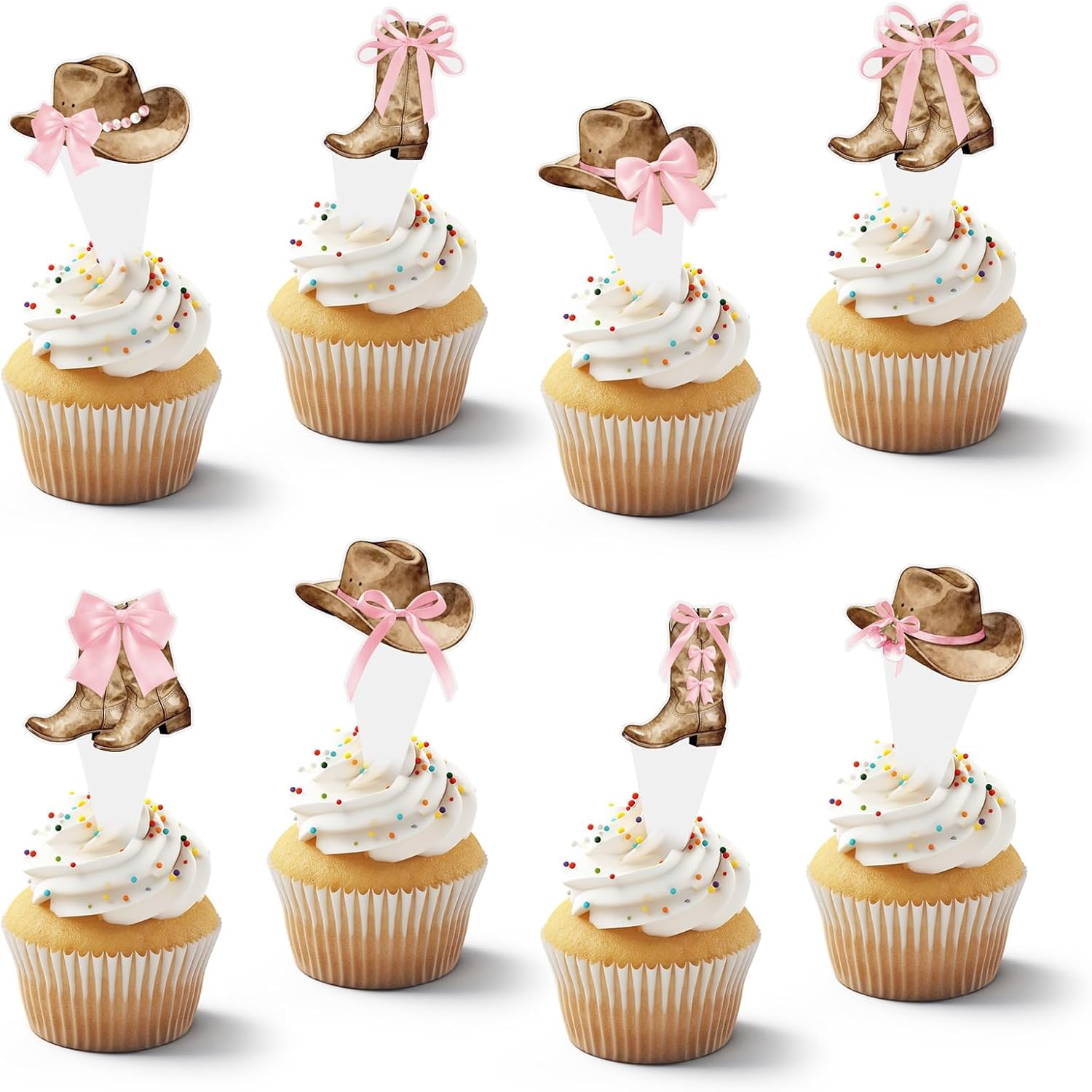 48Pcs Women's Cowboy Boots and Hats with Pink Bow Cupcake Decorations, Cowgirl Cupcake Toppers Decorations Supplies, Pink Western Toppers Decor Supplies