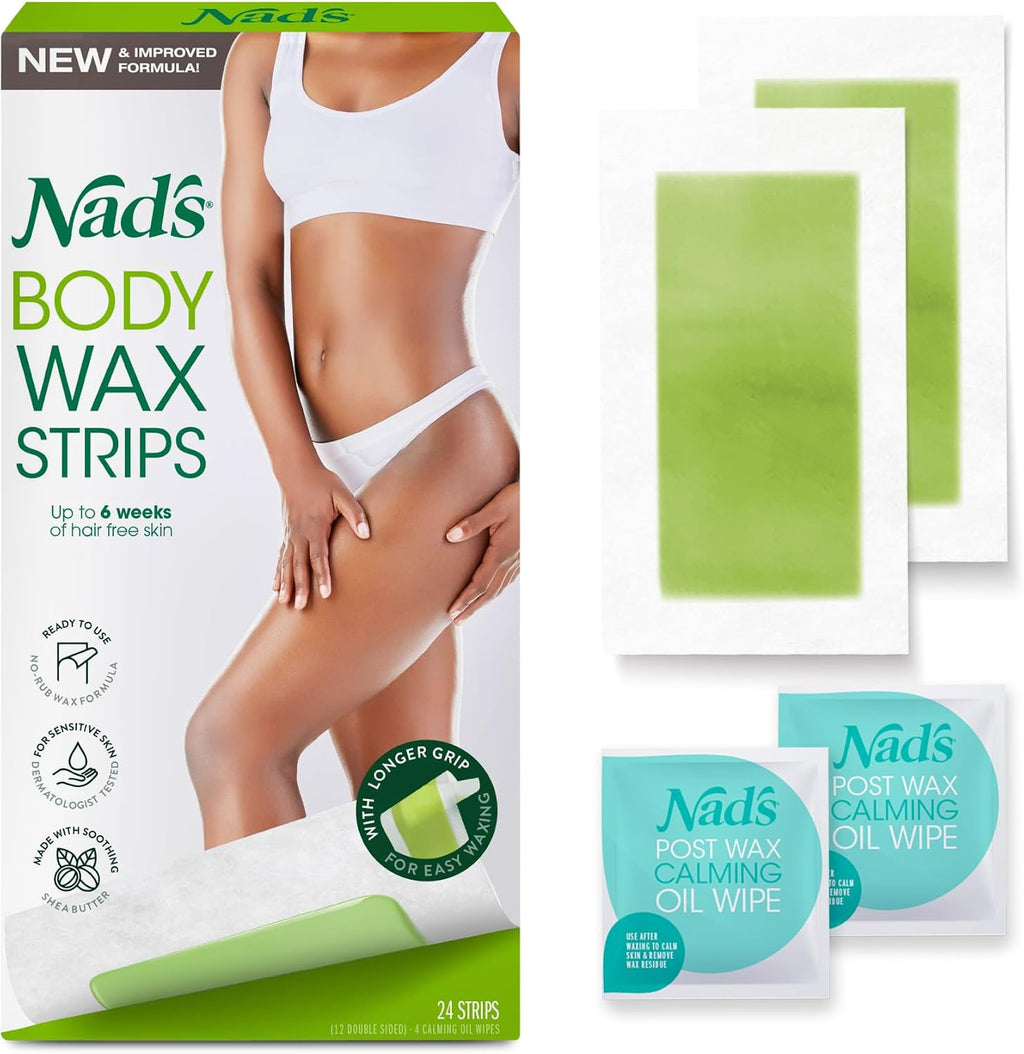 Nad's Body Wax Strips Hair Removal For Women At Home plus 4 Calming Oil Wipes, 24 Count