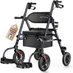 Walkers for Seniors, 2 in 1 Rollator Wheelchairs Combo 10" Big Wheels Walker with Seat, Rollator Transport Chair with Brakes Folding Rolling Walker for Adults, Black