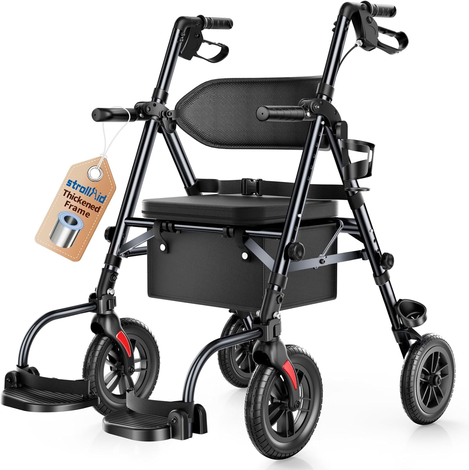 Walkers for Seniors, 2 in 1 Rollator Wheelchairs Combo 10" Big Wheels Walker with Seat, Rollator Transport Chair with Brakes Folding Rolling Walker for Adults, Black