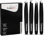 LIONCO Professional 4PCS Tweezer Set for Men & Women–Stainless Steel Eyebrow,Facial Hair Removal Kit–Includes Slant,Pointed,Flat & Angled Tweezers for Precision Grooming,Beard,Ingrown Hair (Black)