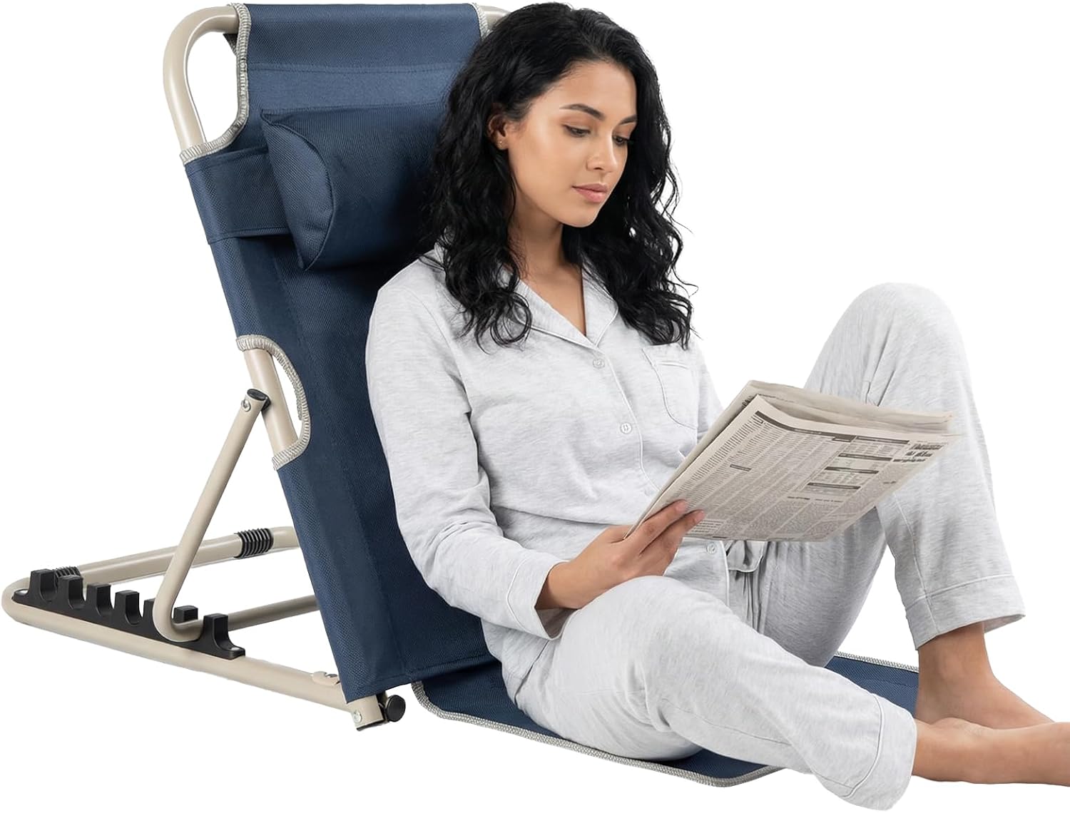 Adjustable Bed Backrest, 6-Position Lifting Back Rest Support with Headrest Pillow, Sit-up Folding Wedge for Reading, Resting, Elderly and Patient Care, Blue
