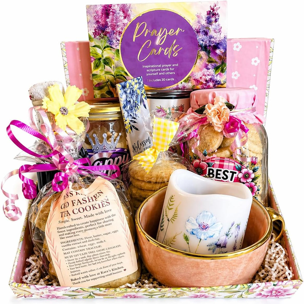 Luxury Gift Basket - Cookie Jar, Wine, Mother's Day Mug, Candle, Shortbread Cookies, Tea Cakes, Chocolate Bar & Prayer Card