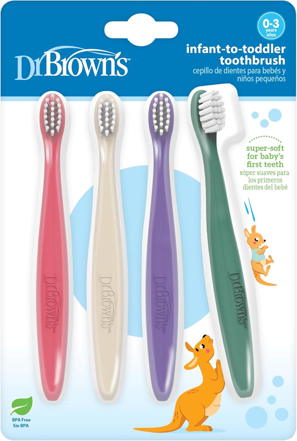 Dr. Brown's Infant-to-Toddler Toothbrush Set, Soft & Gentle Manual Toothbrushes for Baby, Pink/Ecru/Purple/Dark Green, BPA Free, 0-3 Years – 4-Pack