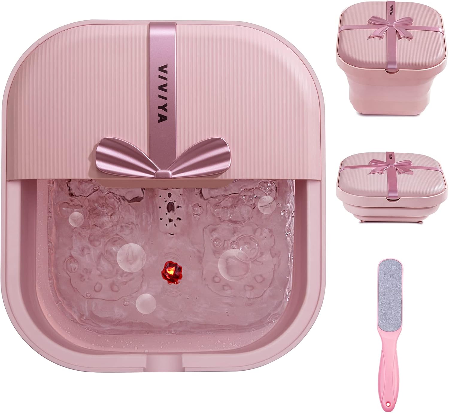 Collapsible Foot Bath Spa with heat and Massage Rollers, Foldable Foot Soak Tub with Bubbles Jets and LED light, Pedicure Foot Spa Massager with Foot Scrubber for Home Use (Pink)