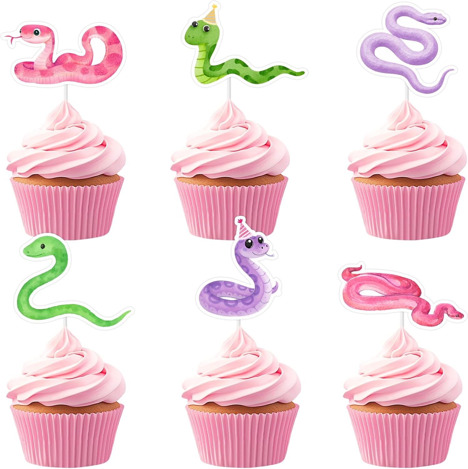 36 Pcs Pink Green Snake Cupcake Toppers, Reptile Animal Cupcake Insert Decoration, Jungle Swamp Theme Cupcake Picks for Birthday Baby Shower Gender Reveal Party Supplies