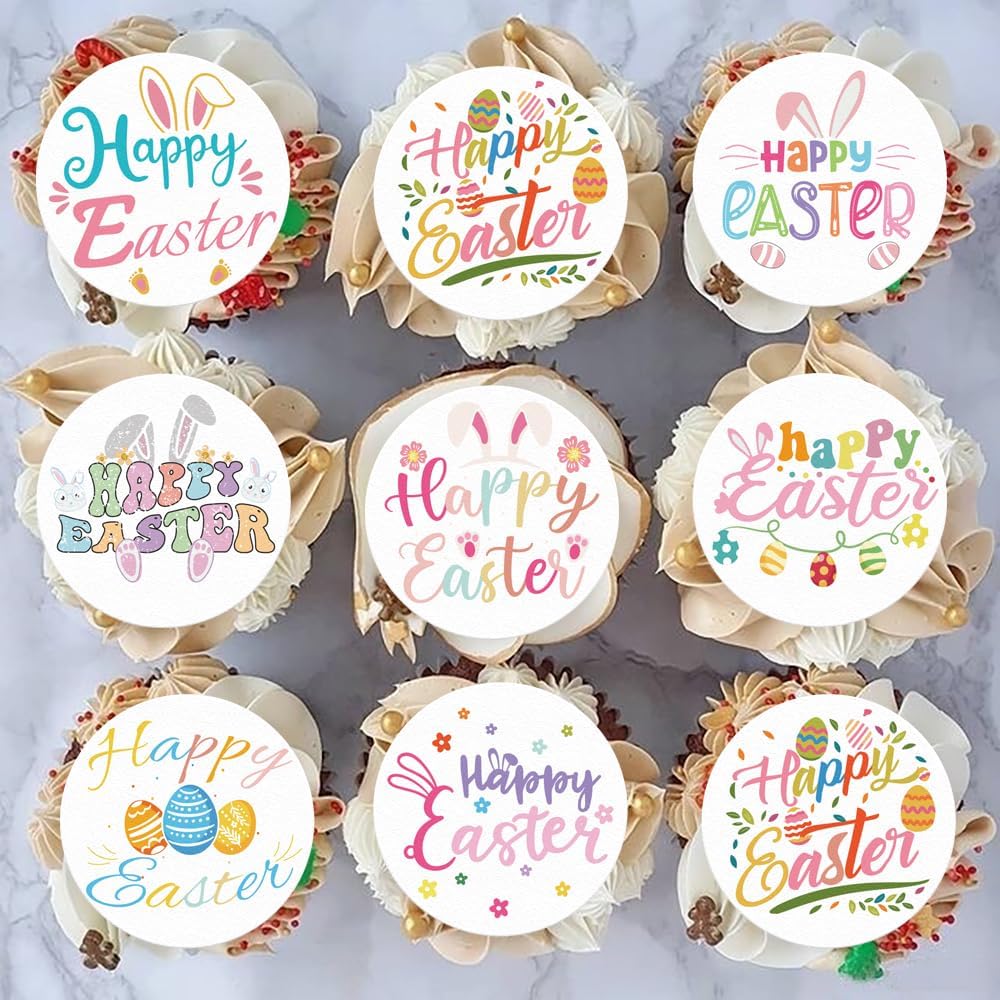 48PCS Edible Happy Easter Cupcake Toppers Wafer Paper Spring Easter Cake Toppers Edible Bunny Cupcake Picks for Easter Theme Birthday Baby Shower Party Cake Supplies