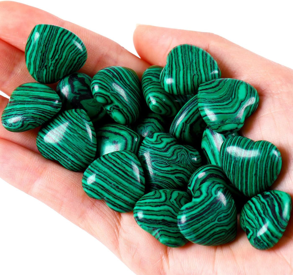 QINJIEJIE 10PCS Green Malachite Heart Crystals Stones Thick Love Shaped Gemstones Pocket Palm Crystal Bulk Polished Thumb Gem Set Wholesale Worry Stones Reiki Energy Spiritual Guardian Mini Gift