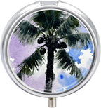 Black Coconut Tree Round Pill Box Cute Small Fish Oil Cases Portable 3 Compartment Pill Boxes Round Pill Case with Mirror for Vitamins Medication Supplements Gift