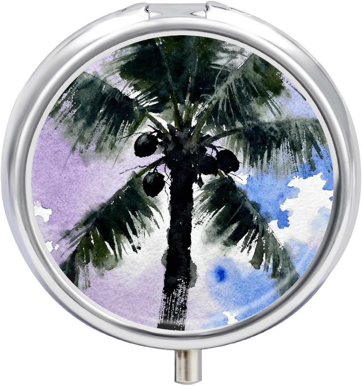 Black Coconut Tree Round Pill Box Cute Small Fish Oil Cases Portable 3 Compartment Pill Boxes Round Pill Case with Mirror for Vitamins Medication Supplements Gift