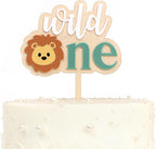 Lion Wild One Cake Topper - Wooden and Acrylic Jungle Safari 1st Birthday Cake Topper, Wild One Birthday Decorations for Boys, Jungle Animal Party Decor
