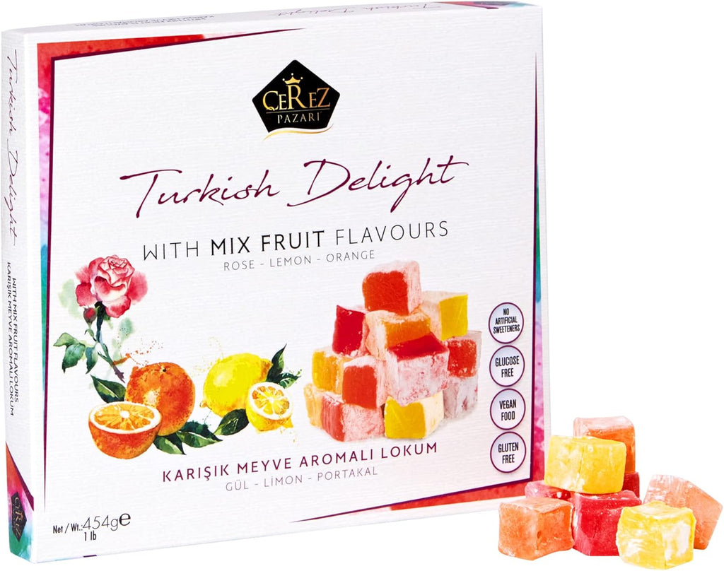 Cerez Pazari Turkish Delight With Rose, Orange, & Lemon Flavors, Gourmet Medium Size Snacks Gift Box, Traditional Confectionery Loukoumi, Vegan Candy Dessert Lokum, No Nuts, 16 oz.