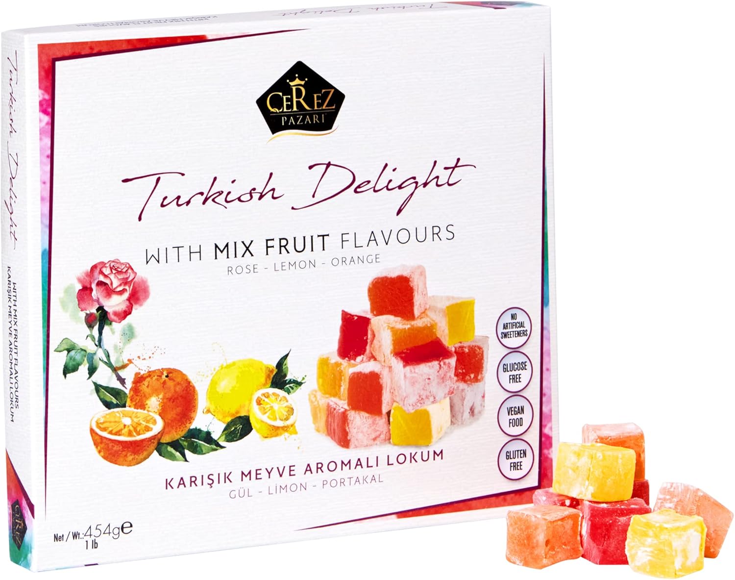 Cerez Pazari Turkish Delight With Rose, Orange, & Lemon Flavors, Gourmet Medium Size Snacks Gift Box, Traditional Confectionery Loukoumi, Vegan Candy Dessert Lokum, No Nuts, 16 oz.