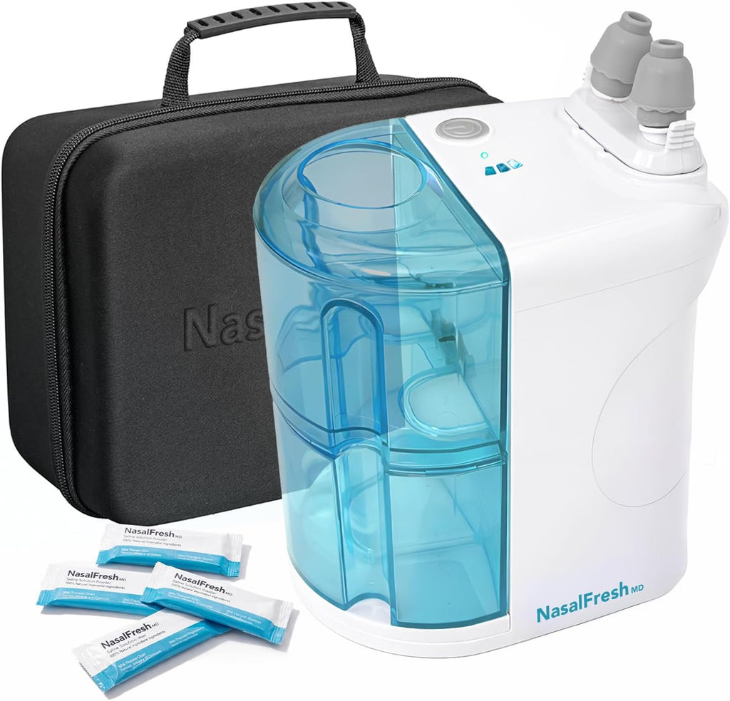 NASALFRESH MD Premium Bundle–Dual Powered Nasal Irrigation System Nasal Rinse and Wash, Sinus Decongestant Relief System, 60 Saline Packets, Case, Rechargeable, 2 Sets of Nose Pillows–Snoring Remedy