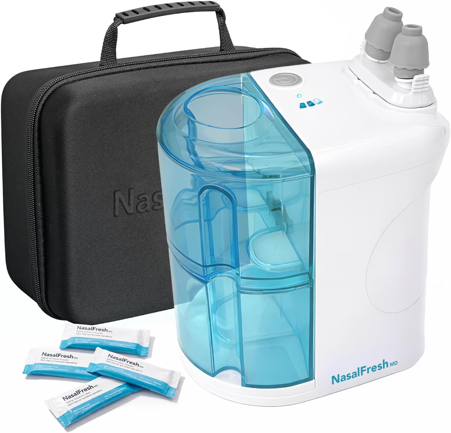 NASALFRESH MD Premium Bundle–Dual Powered Nasal Irrigation System Nasal Rinse and Wash, Sinus Decongestant Relief System, 60 Saline Packets, Case, Rechargeable, 2 Sets of Nose Pillows–Snoring Remedy