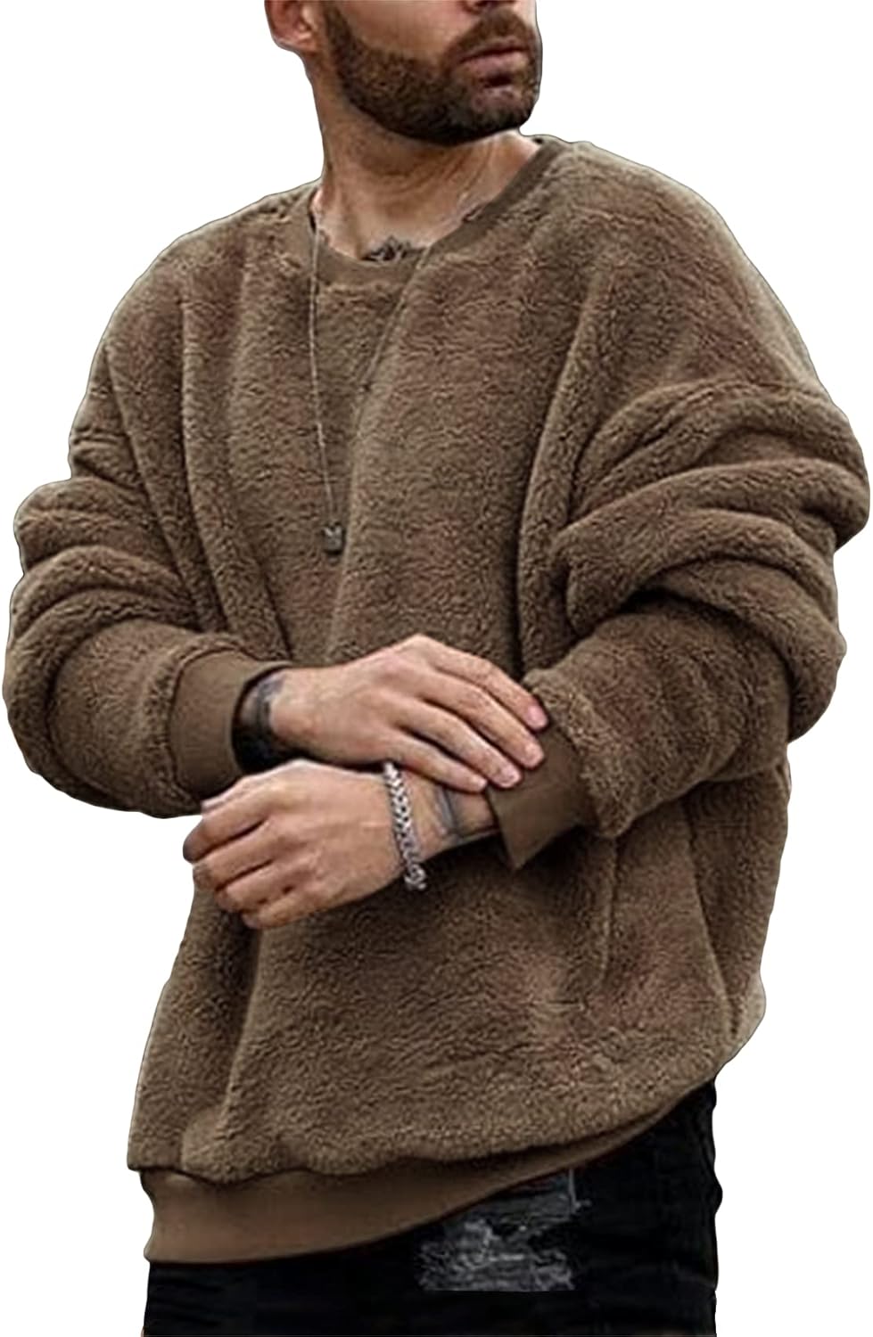 Mens Fuzzy Sherpa Sweatshirt Long Sleeve Fluffy Crew Neck Pullover Cozy Basic Unisex Fall Winter Warm Tops