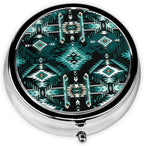 Round Pill Holder, Waterproof Organizer Case, Compact Travel Pill Box for Vitamins, Pocket Purse Use for Seniors, Teal Turquoise Tribal Navajo Aztec Geometric Ethnic Pattern