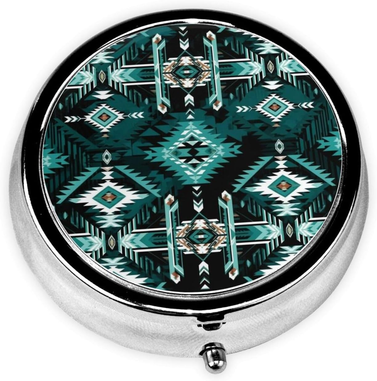 Round Pill Holder, Waterproof Organizer Case, Compact Travel Pill Box for Vitamins, Pocket Purse Use for Seniors, Teal Turquoise Tribal Navajo Aztec Geometric Ethnic Pattern