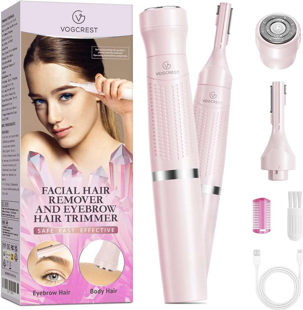 VG VOGCREST Women's Eyebrow Trimmer & Facial Hair Remover, 2 in 1, Double Rotating Blades, Safe, Painless, Hypoallergenic, Rechargeable, USB Charging