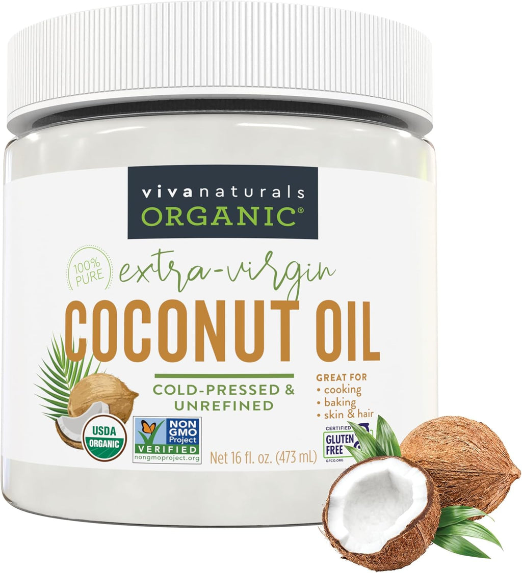 Viva Naturals Organic Coconut Oil, 16 fl oz – Unrefined, Cold-Pressed Extra Virgin Coconut Oil, USDA Organic & Non-GMO, Natural Cooking Oil, Hair Oil & Skin Oil