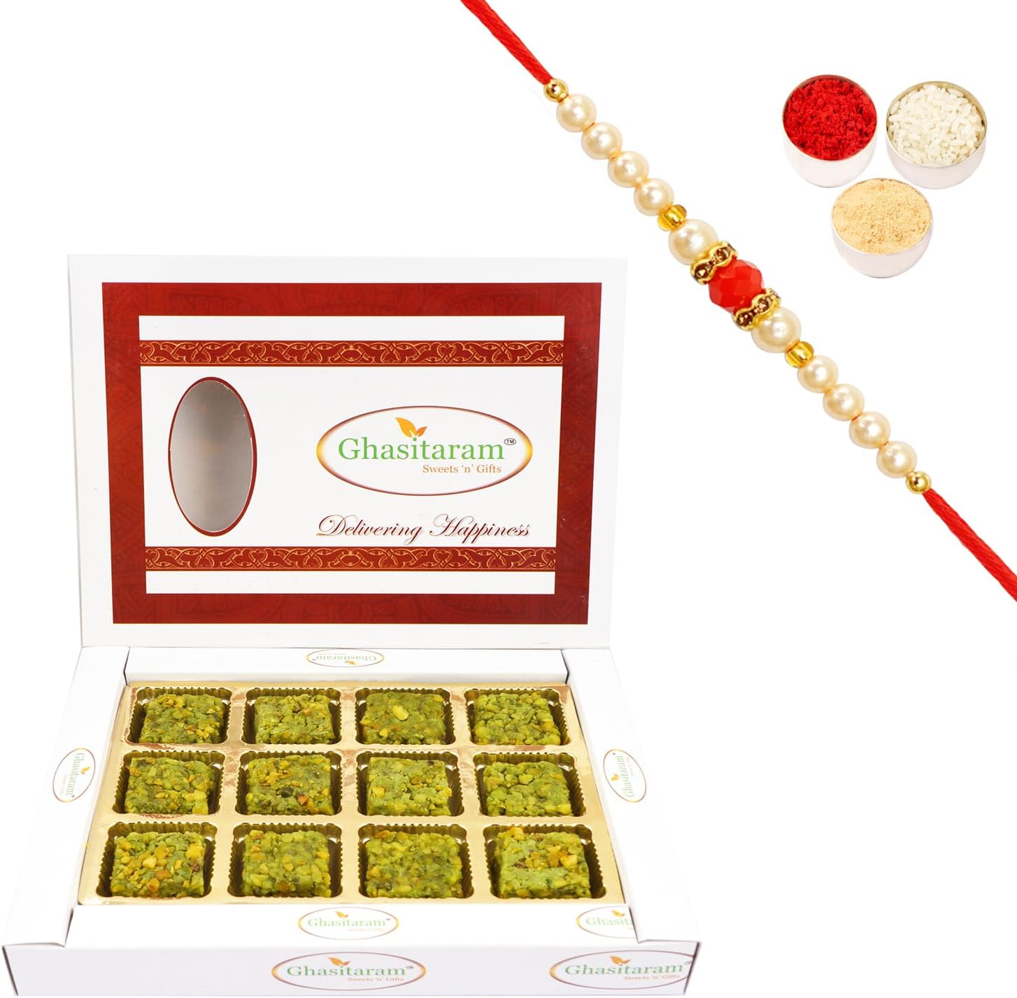 Ghasitaram Gifts Rakhi Gifts for Brothers Rakhi Sweets - Pure Pista Barfi 12 pcs with Beads Rakhi