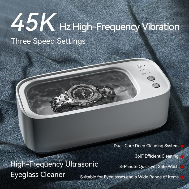 Automatic Ultrasonic Cleaner Machine, Portable for Glasses, Jewelry, Dentures, Makeup Brushes, Contact Lenses - Multi-Use Home & Travel Cleaning Device (GRAYSH)
