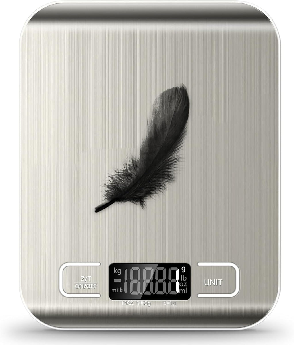 Food Scale, 11lb Kitchen Scale with 6 Units Tare Function & LCD Display, 0.05oz/1g Stainless Steel Digital Food Scale Grams and Ounces for Baking, Cooking, Dieting and Meal Prep (Batteries Included)