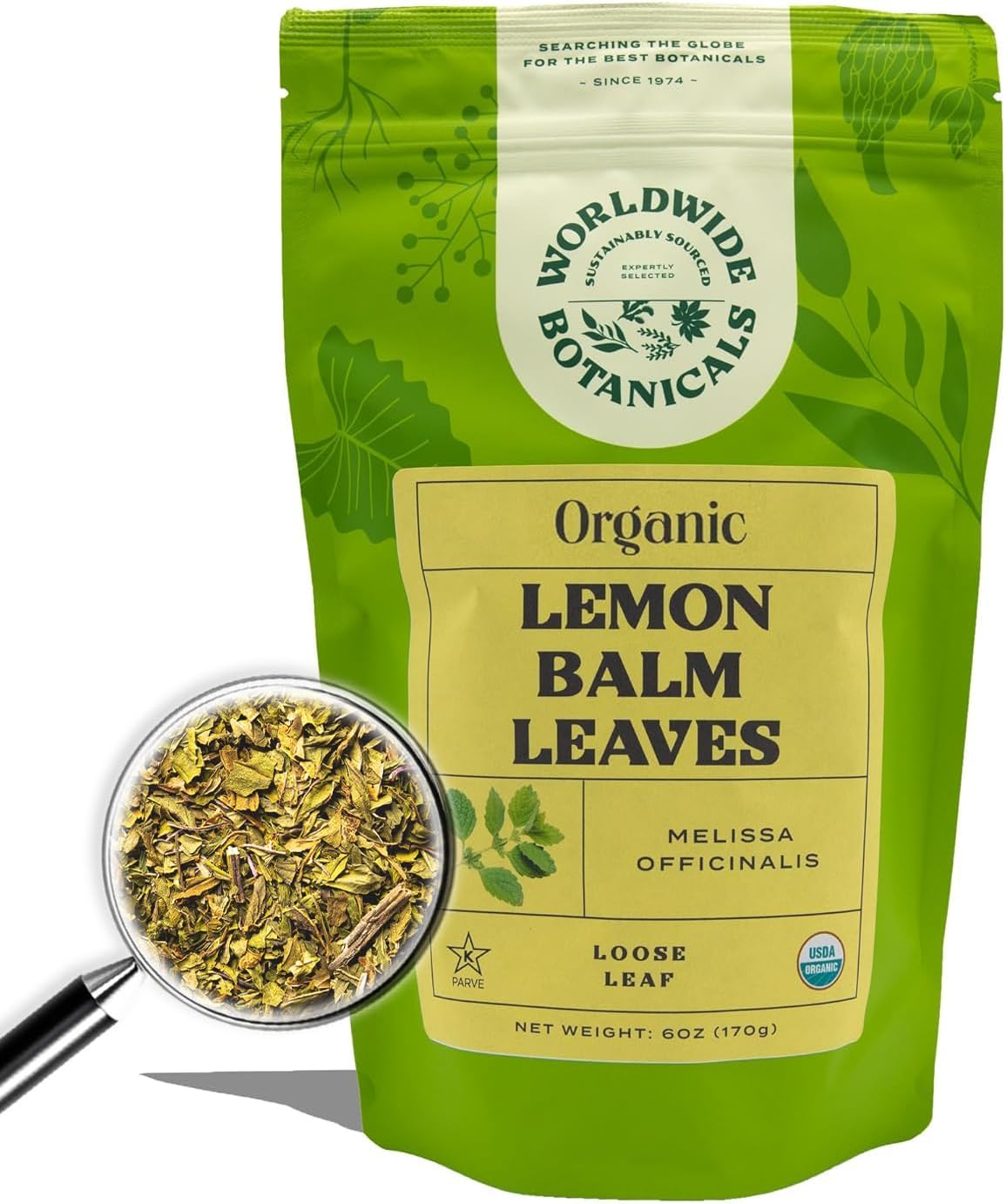Worldwide Botanicals Organic Lemon Balm Tea, 6 Ounces - Loose Leaf Premium Herbal Tea | 100% Pure Lemon Balm Leaves | For Stress Relief and Good Digestion | Kosher