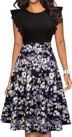 YATHON Women's Vintage Ruffle Floral Flared A Line Swing Casual Cocktail Party Dresses