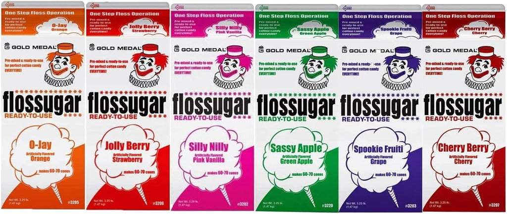 Cotton Candy Floss sugar Mix Flavors | Pack Of 6 | Orange, Strawberry, Silly Nilly, Green Apple, Grape, and Cherry Berry Flavors | 1/2 Gallon Cartons