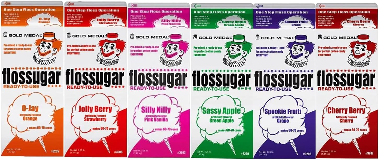 Cotton Candy Floss sugar Mix Flavors | Pack Of 6 | Orange, Strawberry, Silly Nilly, Green Apple, Grape, and Cherry Berry Flavors | 1/2 Gallon Cartons