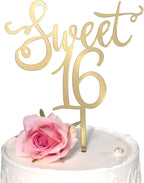 Shiny Acrylic Happy Sweet 16 Birthday Cake Topper, 7.5" x 6", Cheer to 16th Birthday Party Cake Decoration (Gold)